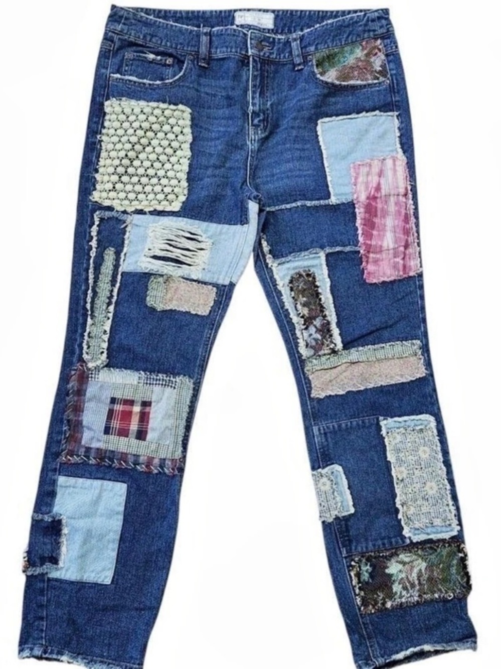 Free People Patchwork Denim Jeans Patchwork Boyfriend Jeans Blue Waist 30